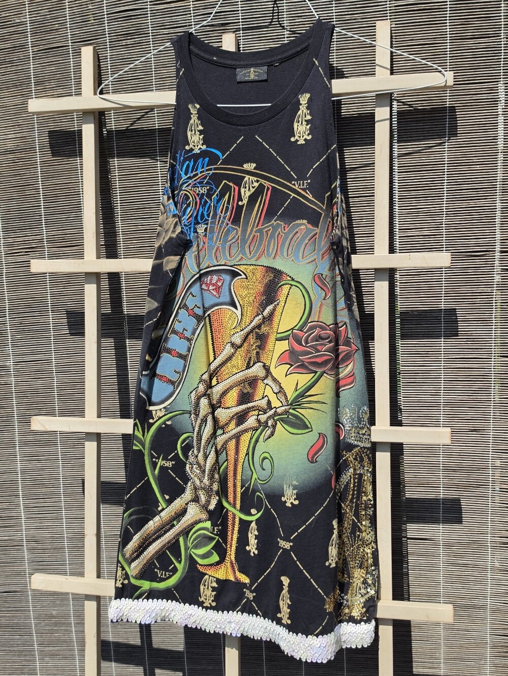 Vtg Christian Audigier "Celebrate Life" graphic tank dress Rhinestones & Sequins